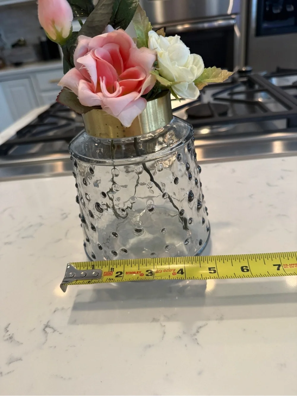 Faux Rose Floral Arrangement Textured Glass Vase Gold Rim Cottage Decor